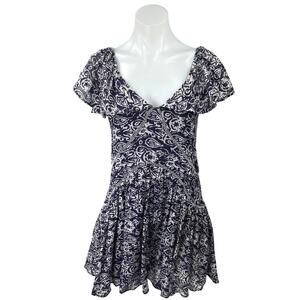 H&M Blue White Paisley Short Flutter Sleeve V-neck Mini Fit & Flare Dress Sz XS